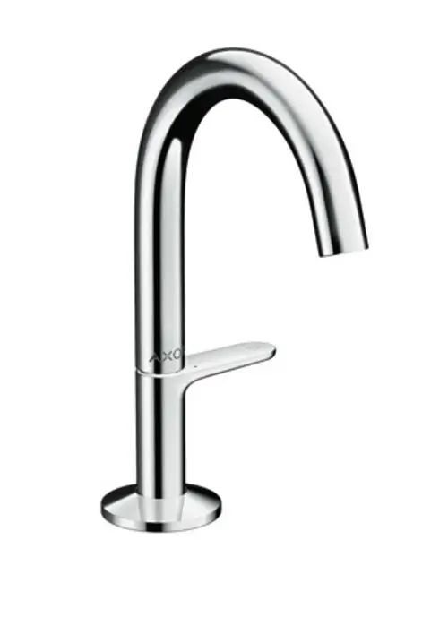 Chromfarbener Wasserhahn von AXOR mit einer schlanken, geschwungenen Form und einem betätigungsfreundlichen Hebel zur Temperatur- und Durchflussregelung.